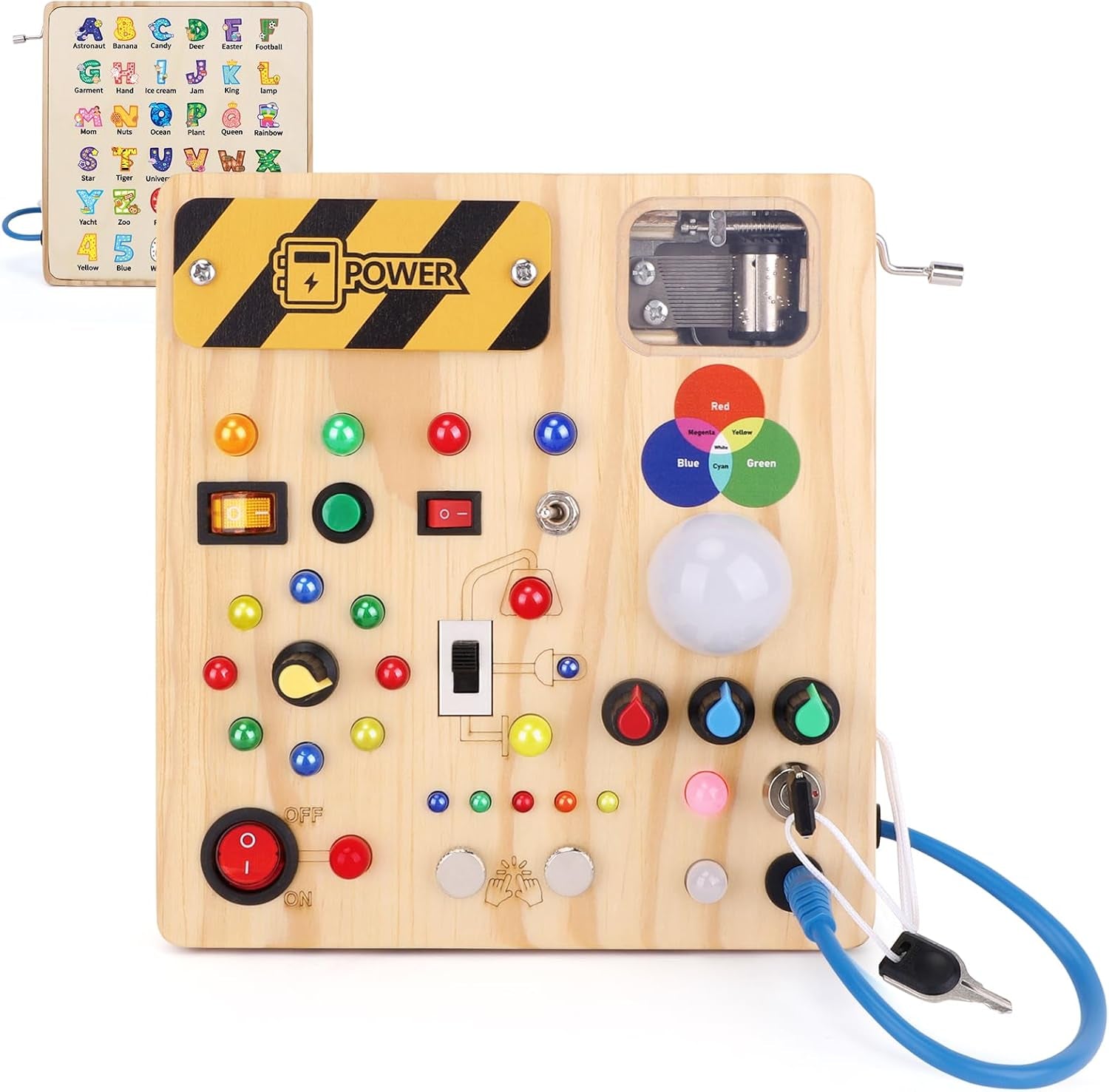 Busy Board, Montessori Toy for 1-3 Years Old, Wooden Toddler Sensory Travel Toy, Ideal Gift for 1+ Year Old Boys (Busy Board plus V2), Medium, Yellow